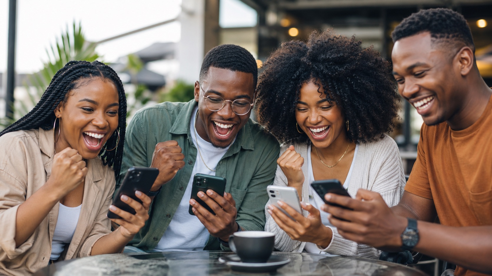 Group of customers celebrating a mobile campaign win on their phones