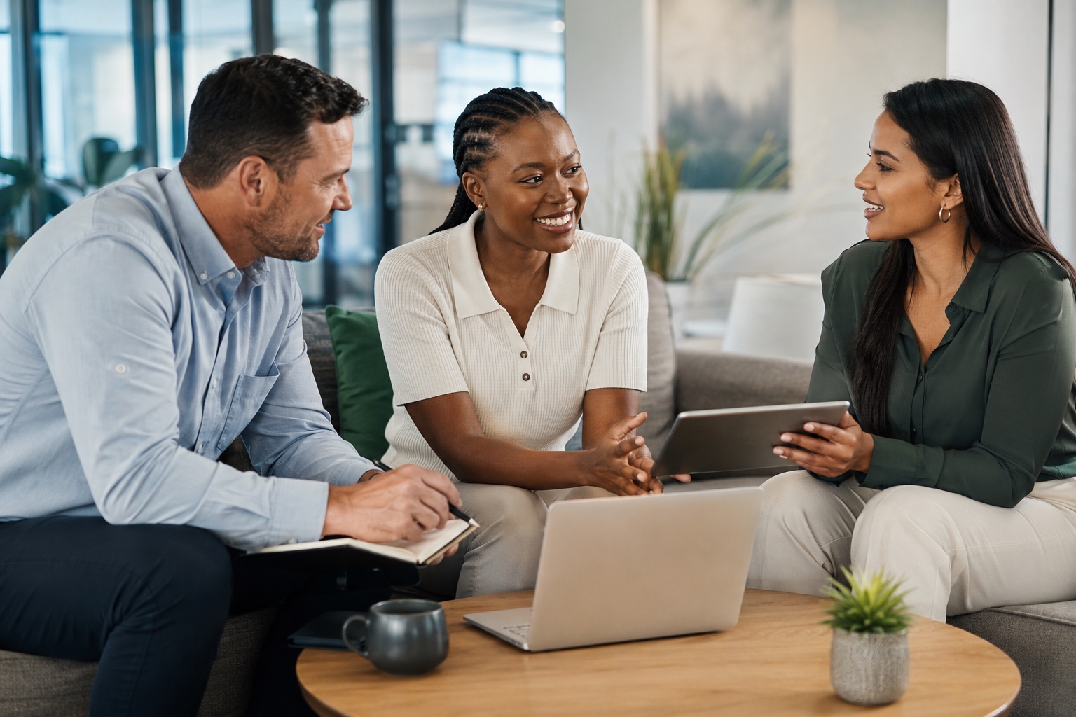 Connect Mobile team having a relaxed in-person client conversation